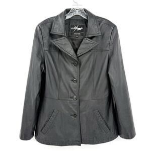 Wilsons Black Leather Jacket Womens Large Maxima Notch Collar Button Up Blazer